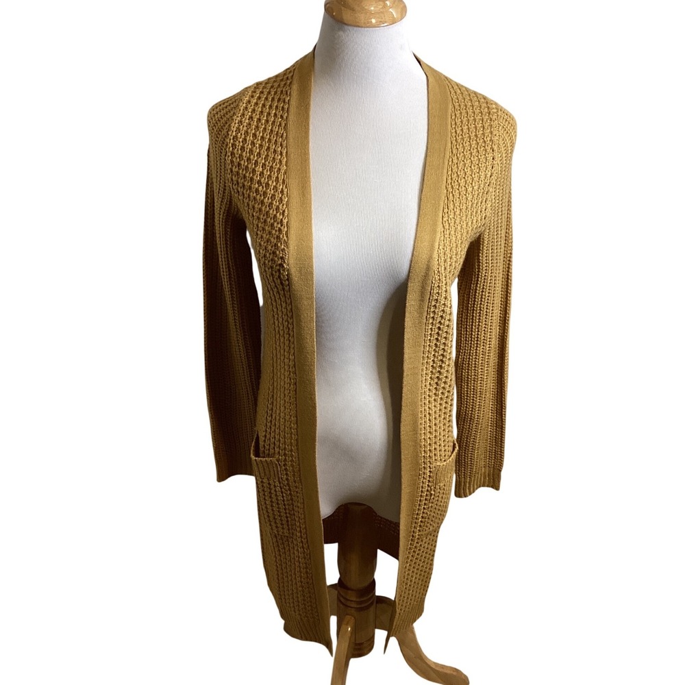 Papaya Mustard Yellow Waffle Knit Long Open Front Cardigan Sweater Size‎ S